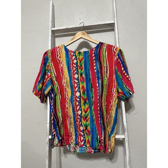 VTG Sz M Chaus Womens Short Sleeve Scoop Neck Hawaiian Shoulder Pad Blouse - Picture 1 of 5